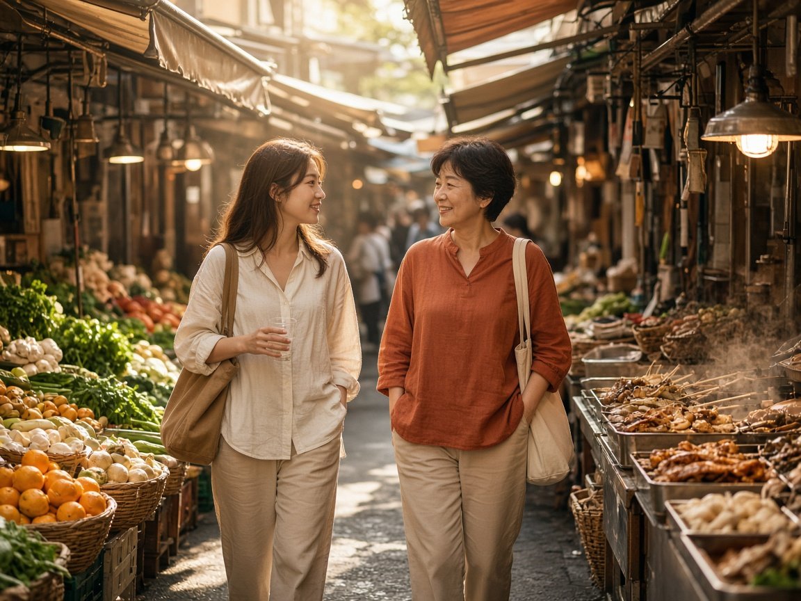 Traveler joining a local host through an Osaka market corridor